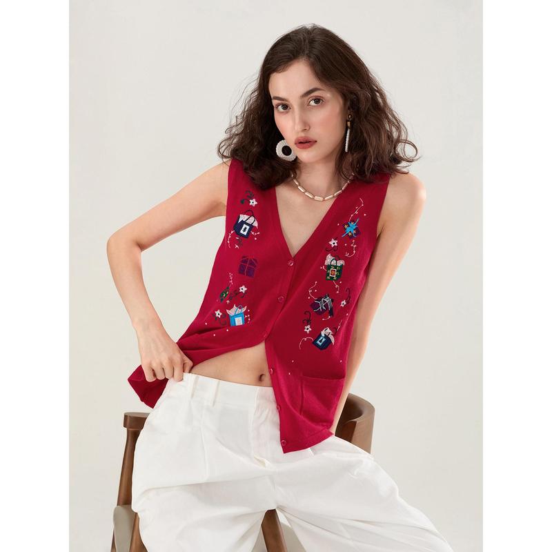 Women's Autumn Winter Sweater Vest V Neck Christmas Pattern Print Button Up Knit Tank Tops
